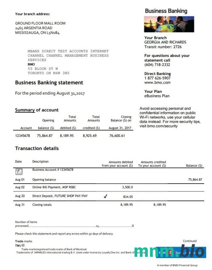 USA BMO Bank of Montreal Bank dowód adresu szablon wyciągu w formacie Excel i PDF